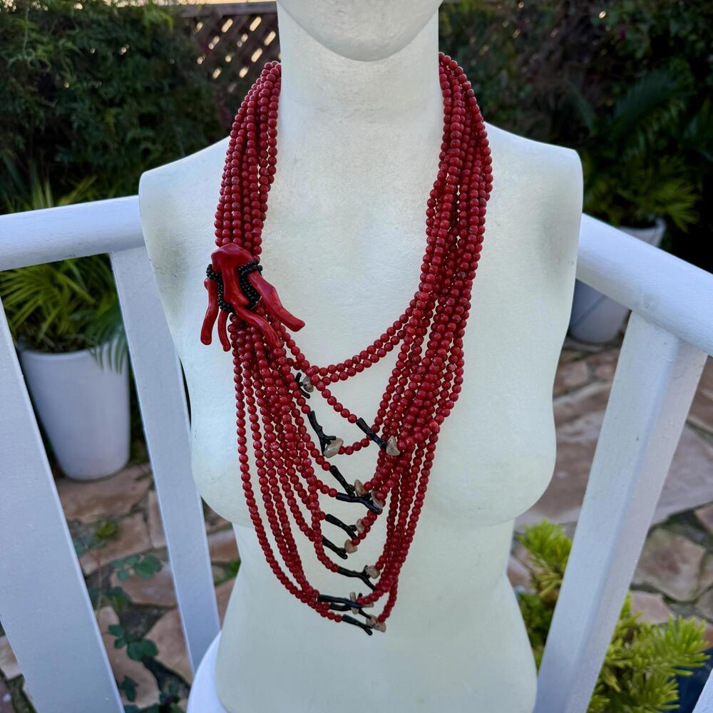 Vintage Angela Caputi 1970s Red Acrylic Multi-Strand Necklace with Faux Coral